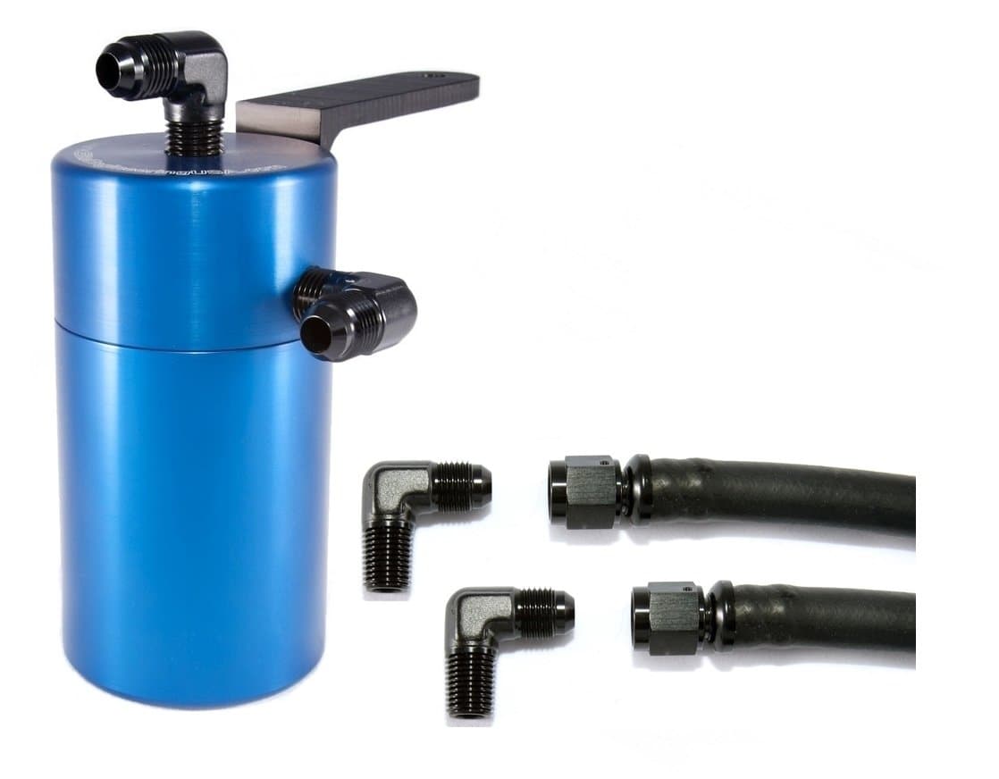 Elite Engineering Standard PCV Oil Catch Can & Hardware with Black AN Fittings, SS Adapter & Bolt for 2014+ Chevy SS - BLUE