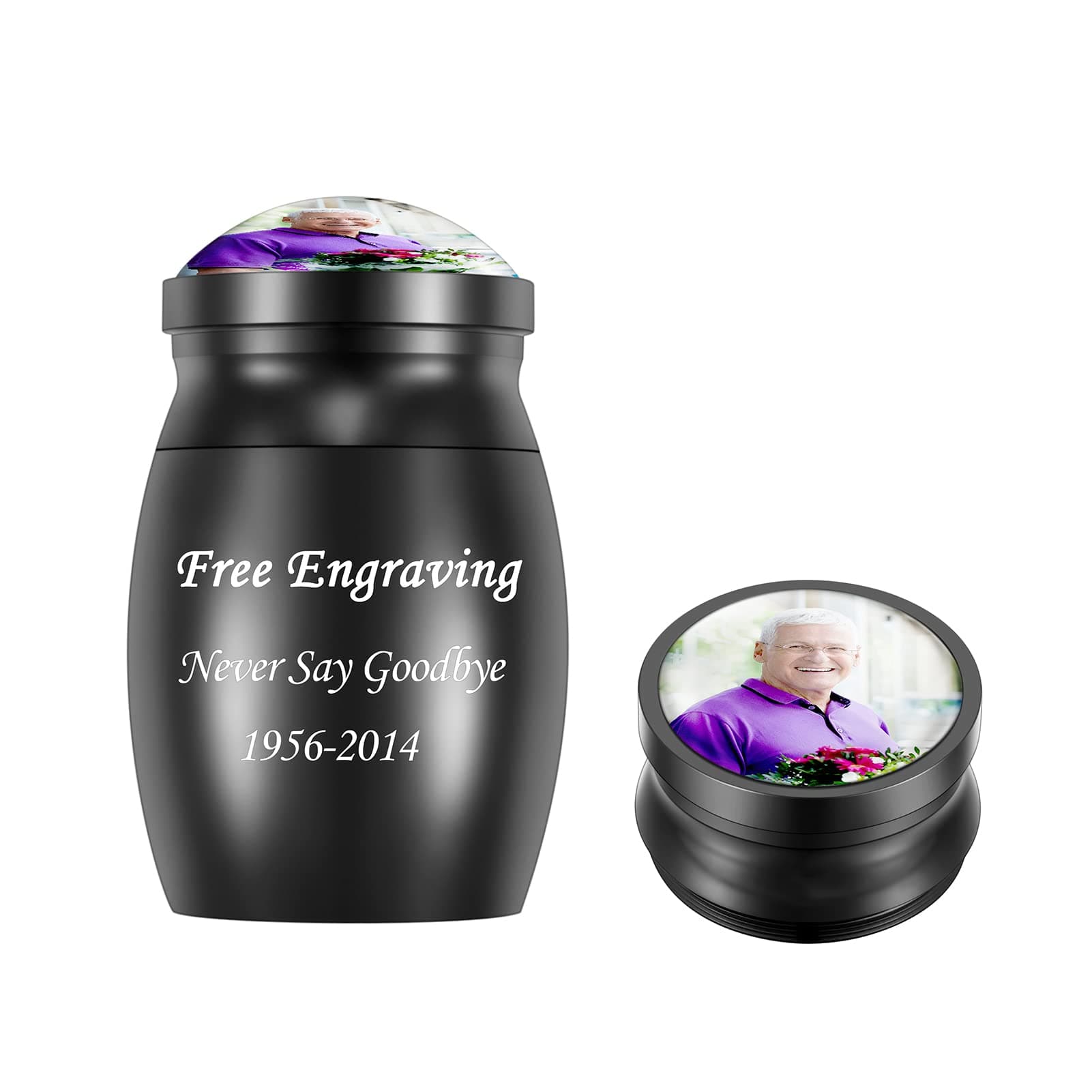 Personalized Photo Small Urns for Human Ashes 1.85 Inches Mini Cremation Urn Stainless Steel Picture Small Urn Keepsake Black