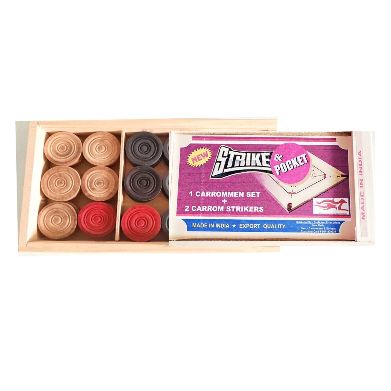 Professional Set of 24 Wooden Carrom Coins with 2 Striker Set,Wooden Checkers (in Wooden case) (24 Pieces + 2 Striker with 2 Striker Case