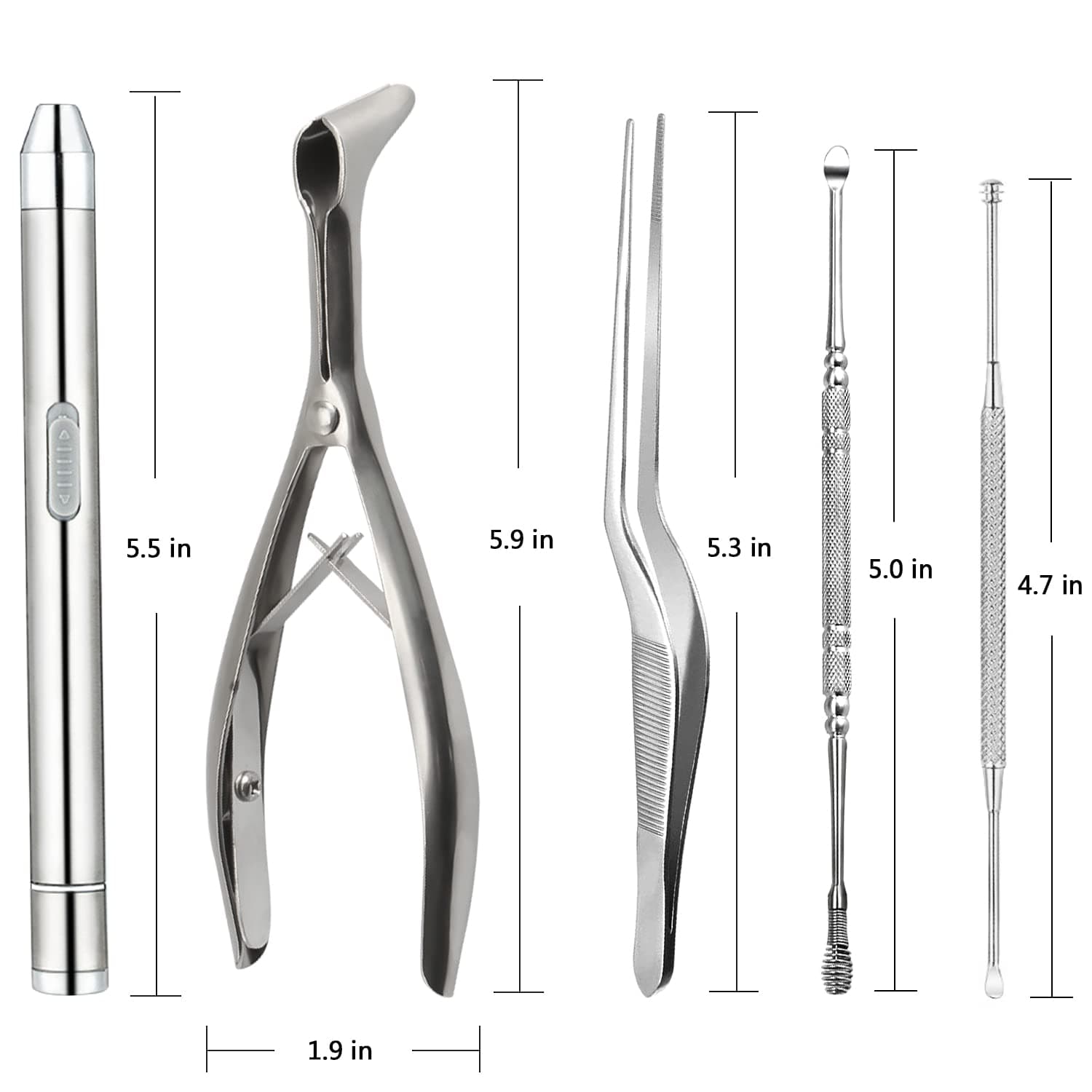 Earwax Removal Kit 5 Pcs, Ear Wax Cleaning Tool Set, Ear Pick with LED Light USB Charging, Stainless Steel Ear Curette, Earwax Tweezer, Ear Canal Dilator, Ear Wax Remover Tool with Storage Box