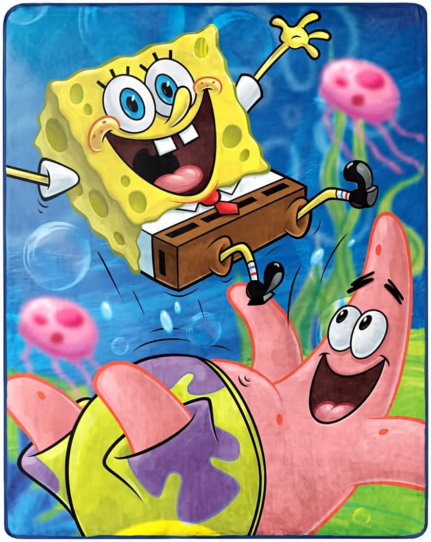 Spongebob Squarepants Silky Soft Throw Blanket., Blue, Yellow, Pink, Green, White