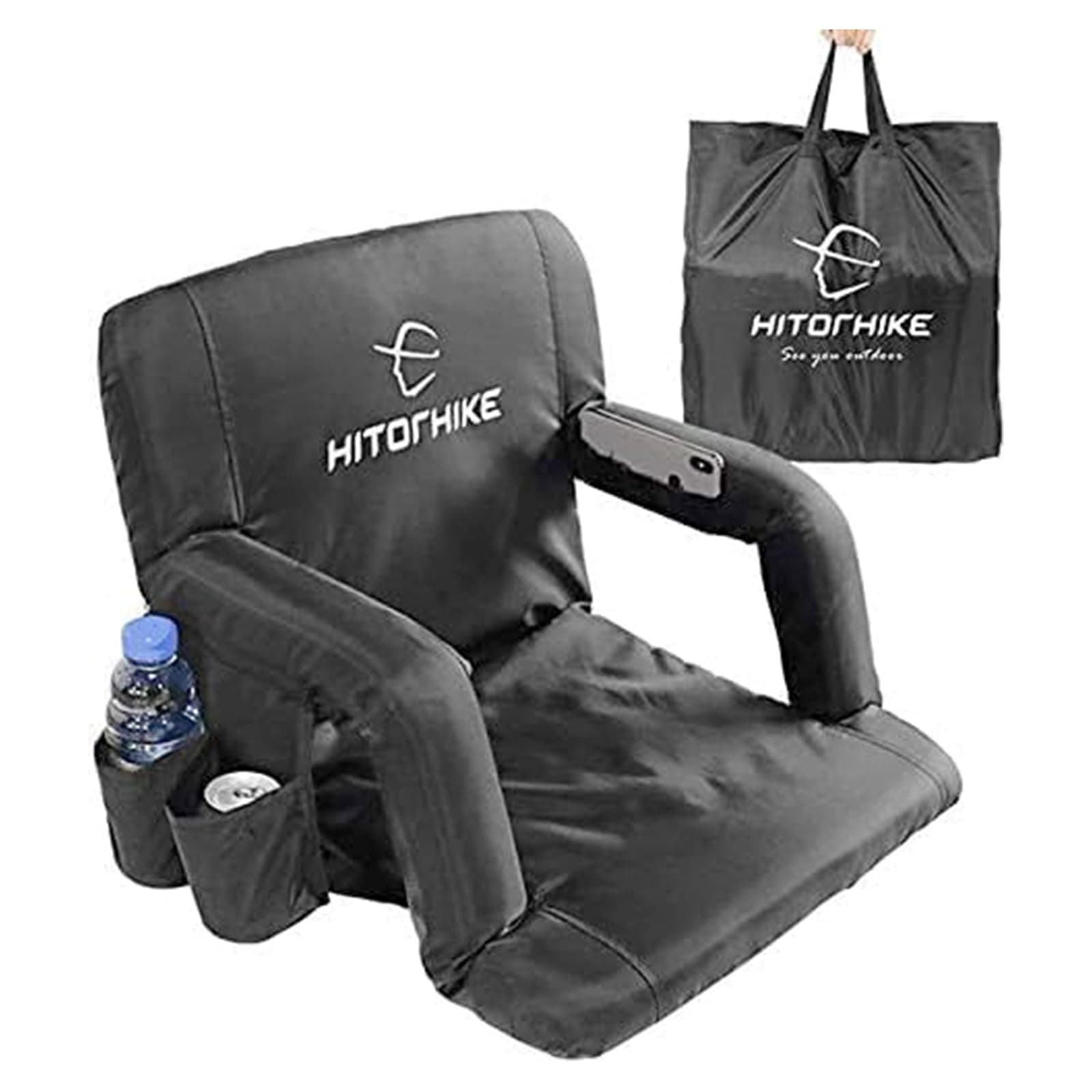 HITORHIKE Stadium Seat for Bleachers or Benches Portable Reclining Foldable Type Stadium Seat Chair with Padded Cushion Chair Back and Armrest Support(Black,21")