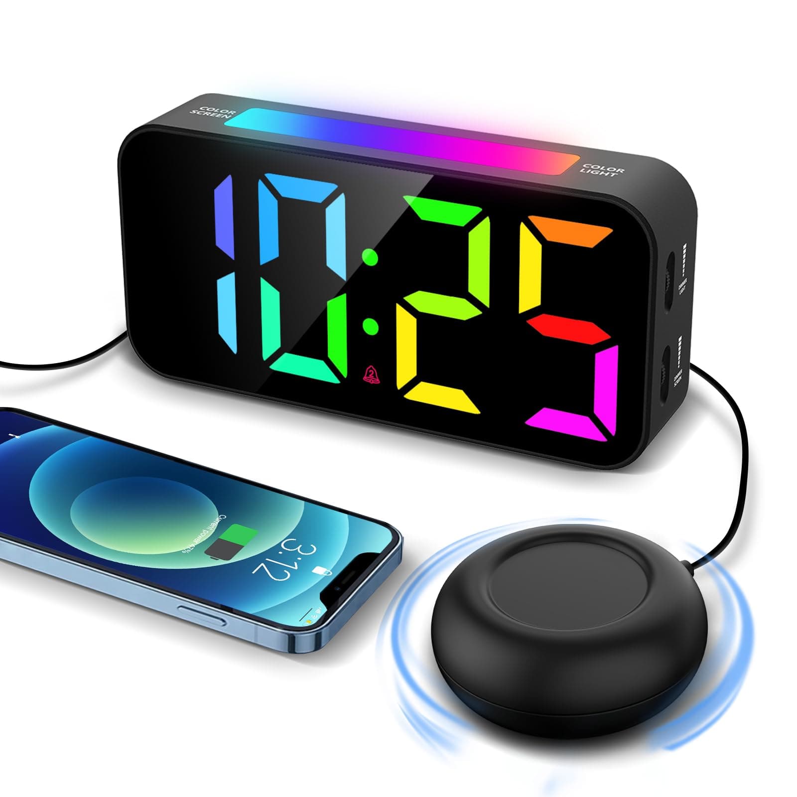 Alarm Clocks for Heavy Sleepers, Vibrating Alarm Clock with Bed Shaker, Night Light, Large Display, Dimmable Loud Clock for Adults Hearing Impaired Deaf Seniors Teens (RGB)