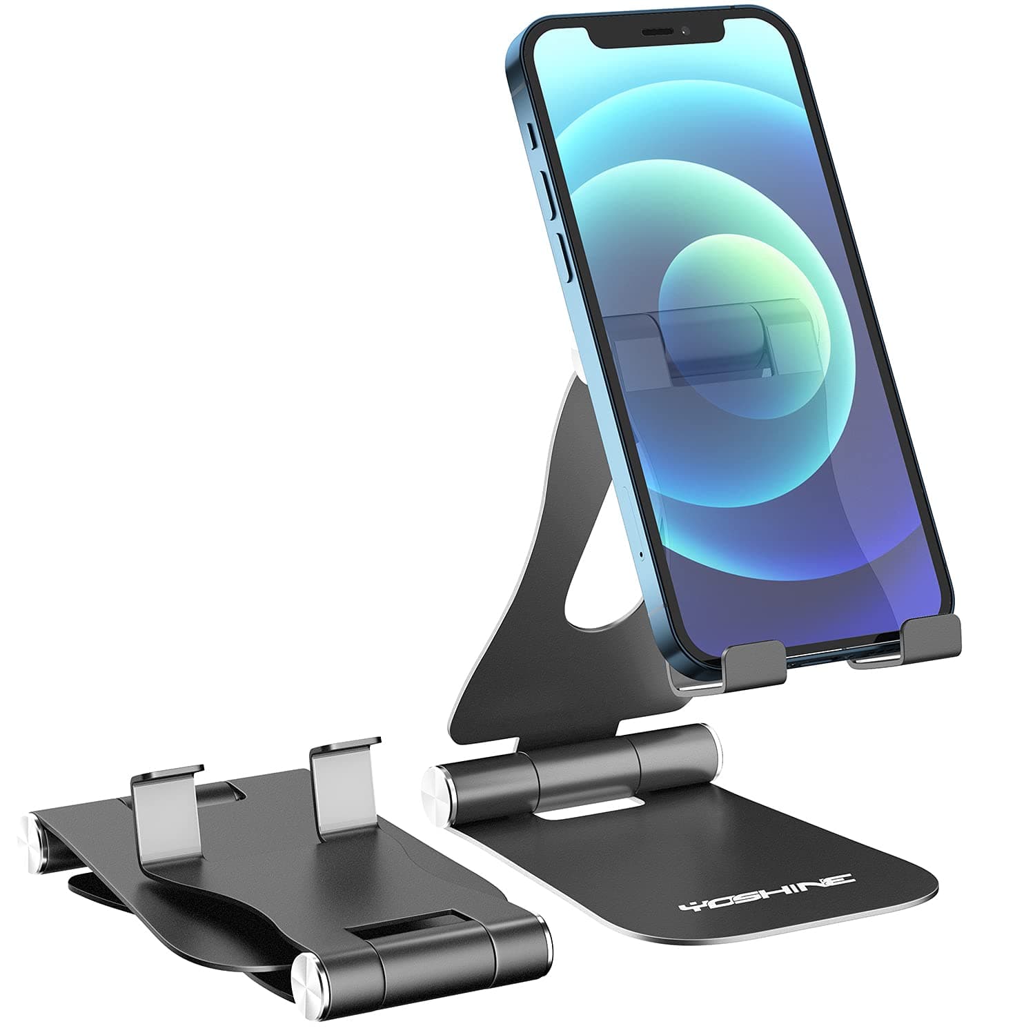 YOSHINE Cell Phone Stand, Upgraded Phone Stand for Desk, Adjustable Tablet Stand, Foldable Portable Aluminum Phone Holder, Cradle, Dock for All iPhone Smartphones and iPad Tablets(4-13in) - Black