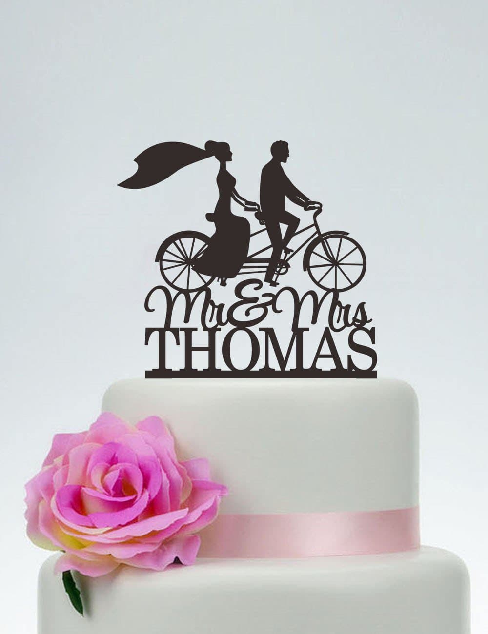 qidushop Mr And Mrs With Last Name Bride And Groom On Bike Silhouette Custom Bicycle Unique Wedding Cake Topper Wedding Party Favors