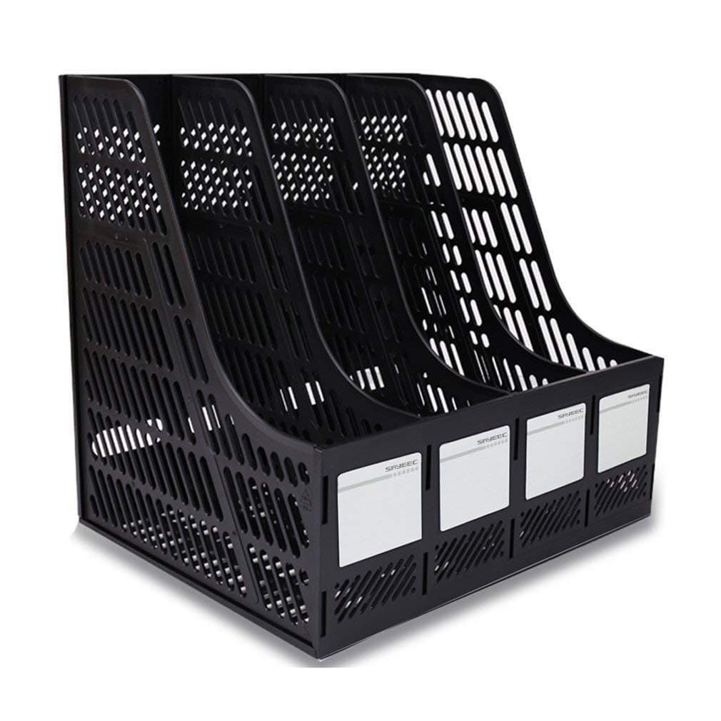 Desktop Magazine Holder Countertop Desk File Organizer 4 Compartments | Plastic Vertical File Dividers Book Holder & Cabinet Document Storage Rack (Black, Step Shelf)