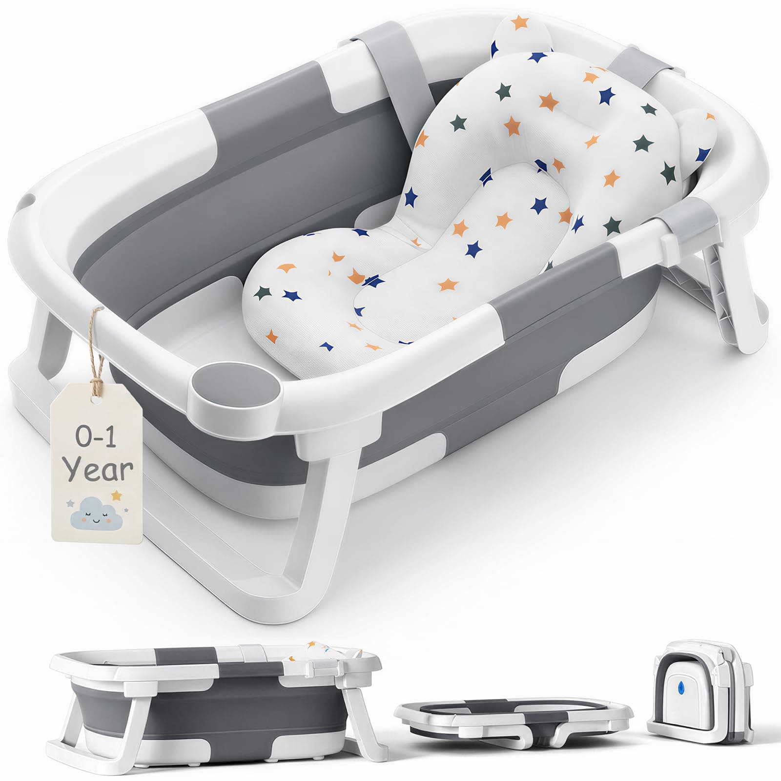 DEANIC Baby Bath Tub for 0-6-12 Months Newborn, Foldable Toddler Bath with Soft Cushion Pad, Portable Baby Bathtub Travel Save Space (Grey)