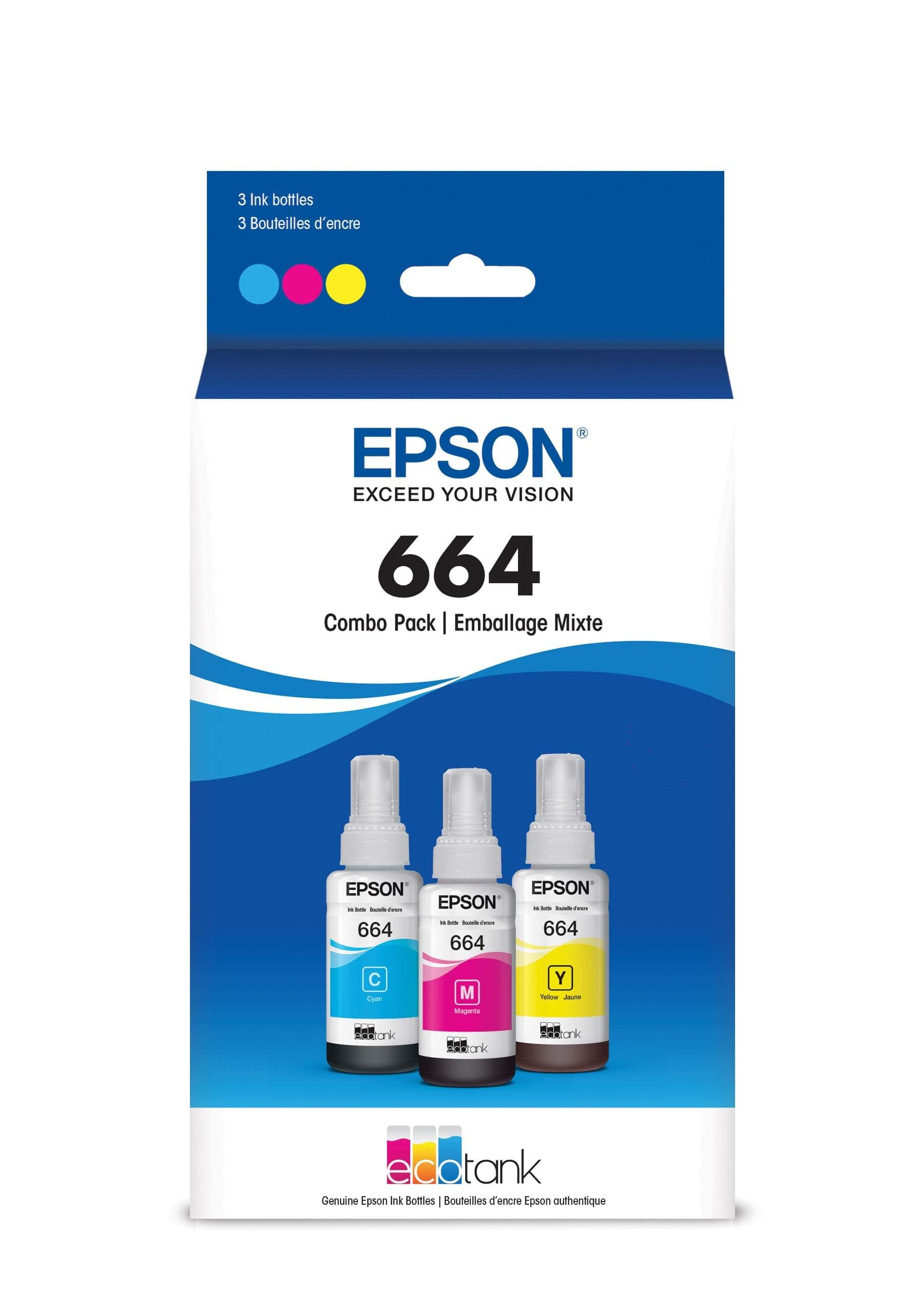 EPSON 664 EcoTank Ink Ultra-high Capacity Bottle Three Color CMY Combo Pack (T664520-S) Works with ET-2500, 2550, 4500, 4550, 2600, 2650, 3600, 16500