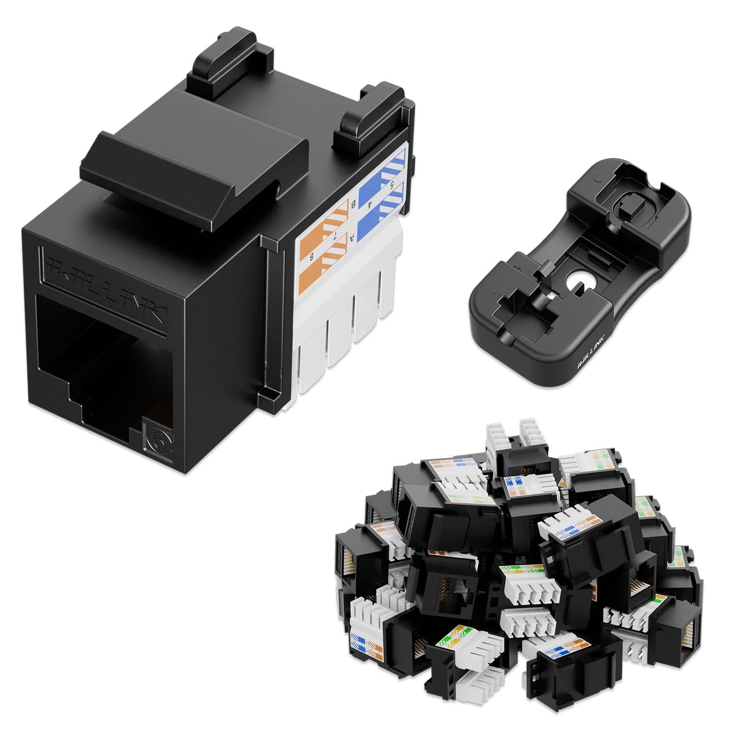 iwillink 10Gbps Cat6 Keystone Jack, RJ45 Keystone Jack 25-Pack and Keystone Punch-Down Stand, UTP Modular Ethernet Jack Insert 90-Degree, Punch Down Keystone Adapter, Black