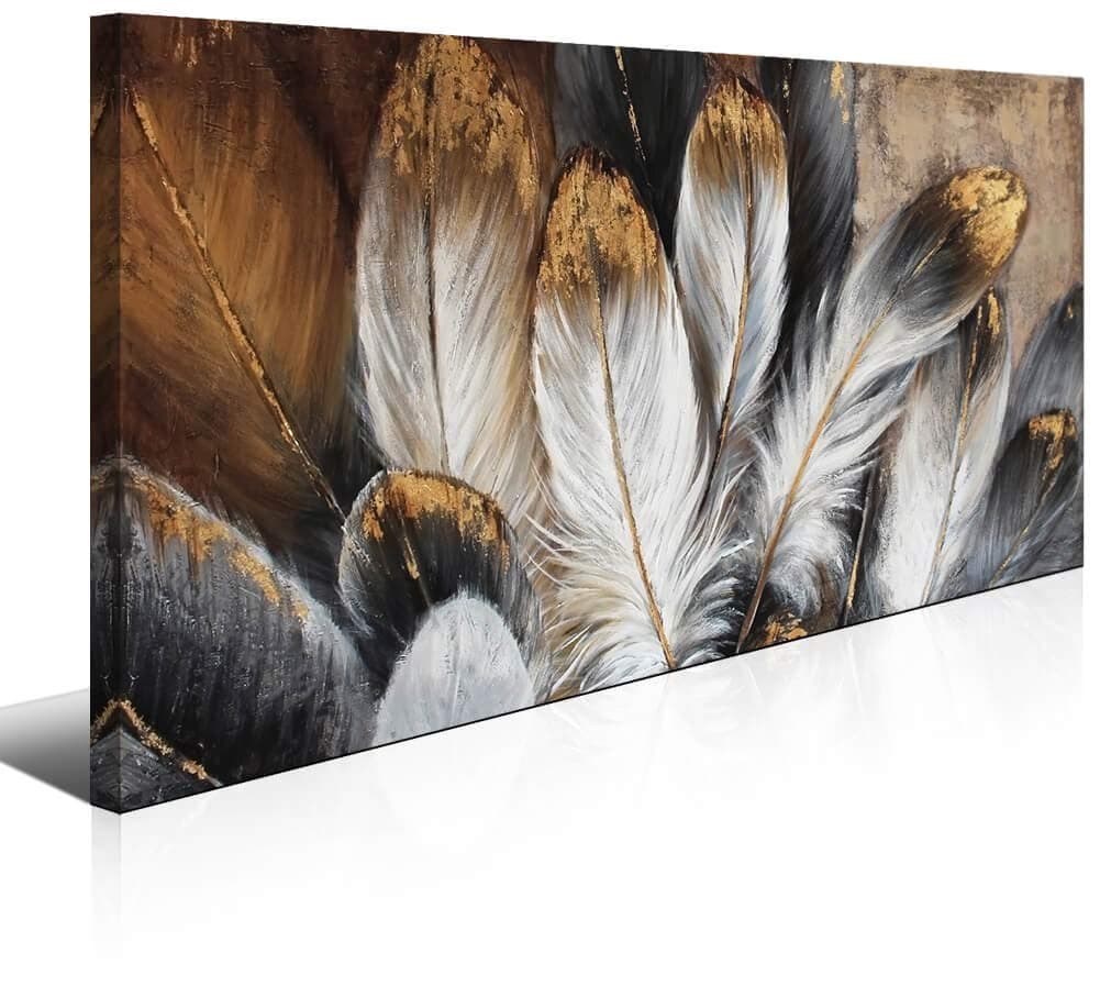 Bird Feather Wall Art Canvas Painting for Bedroom Framed White Golden Abstract Decoration Home Office Living Room Decor Contemporary Artwork