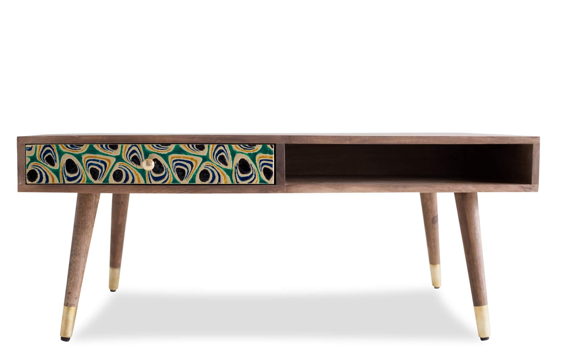 Edloe Finch Mid-Century Modern Coffee Table with Drawer Painted Peacock, Honey