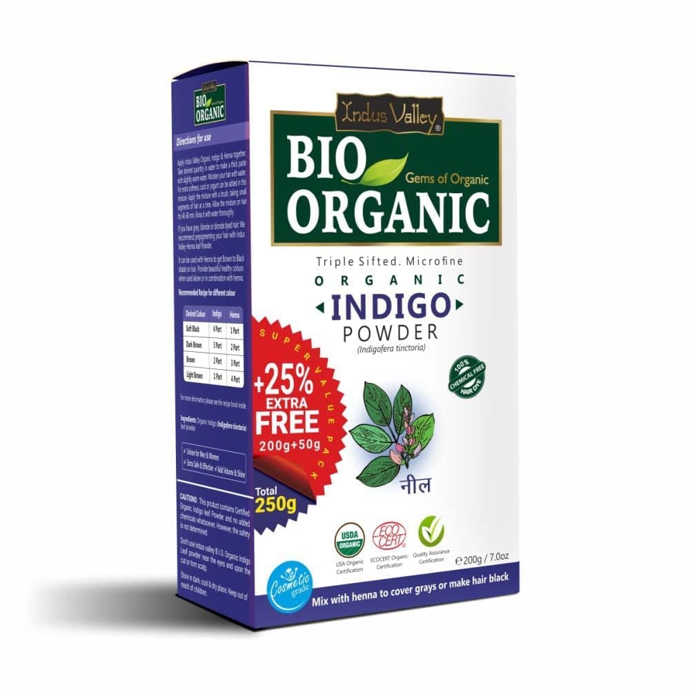 Indus Valley Bio Organic 100% Organic and Herbal Indigo Powder, for Natural Hair Coloring, Arrests Early Greying & Protects hair from Damage - 250g
