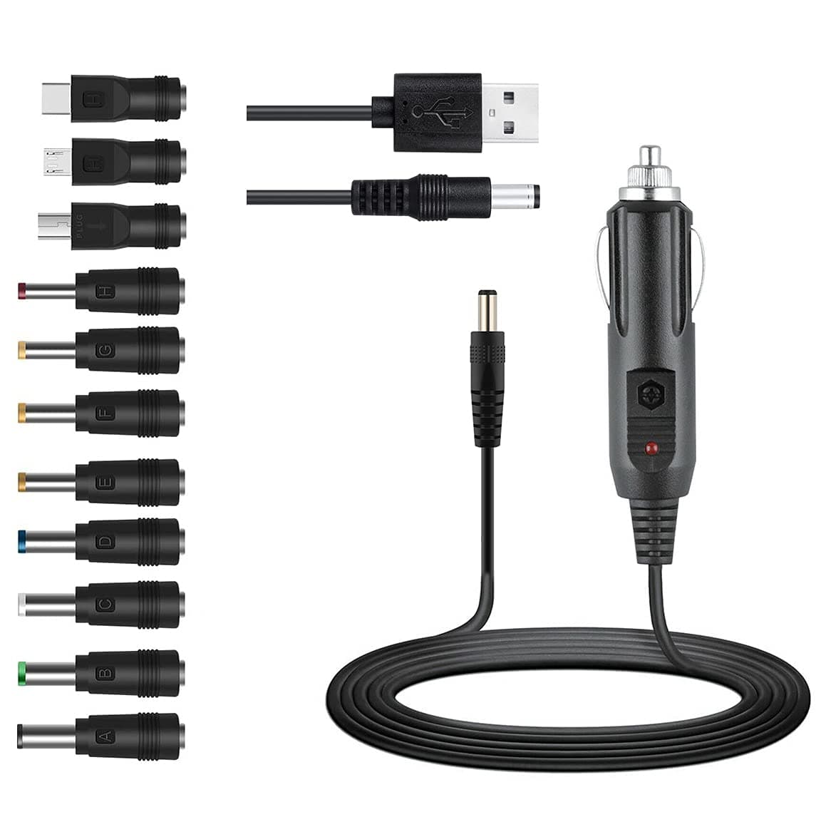 Universal 12V Car Charger(Max 10A) + 5V DC Power Cable,With 11 Connectors for DVD Player,Camera,GPS,Bluetooth Speakers,Shaver Fans