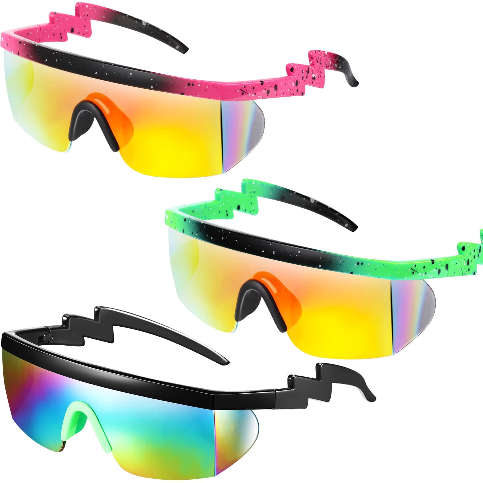 3 Pairs Retro Semi Rimless Sunglasses 80s 90s Zigzag Sunglasses Colored Transparent Lens Glasses for Men Women