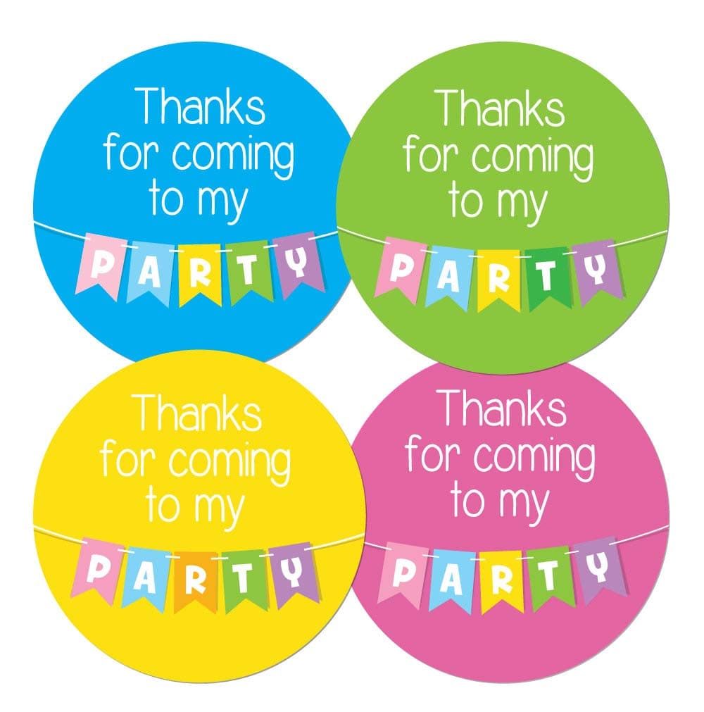 'Thanks for Coming to My Party' Stickers - 30mm - 4 Colours per Pack, Colourful Bunting Design, Birthday Parties and Party Bags