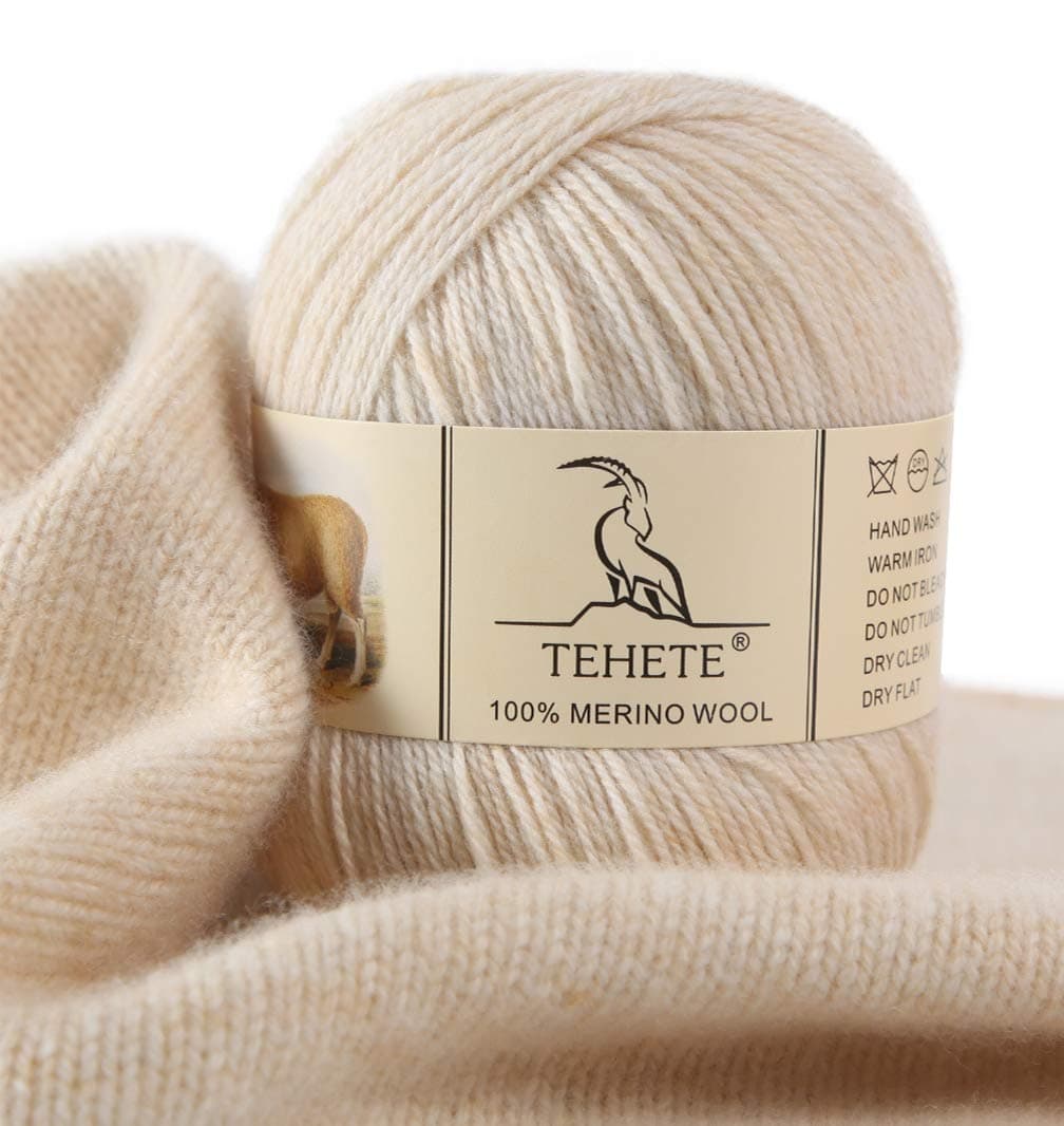 TEHETE 100% Merino Wool Yarn for Knitting 3-Ply Luxury Warm Soft Lightweight Crochet Yarn (Beige)