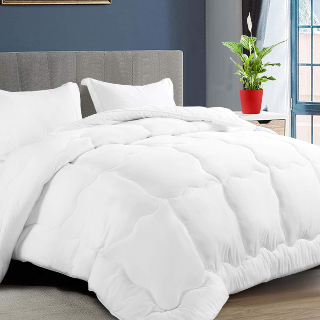 KARRISM All Season Down Alternative Queen Comforter, Winter Warm Comforter Ultra Soft Quilted Duvet Insert with Corner Tabs, Wavy Box Stitched, Luxury Fluffy & Lightweight (White, 88 x 88 inch)