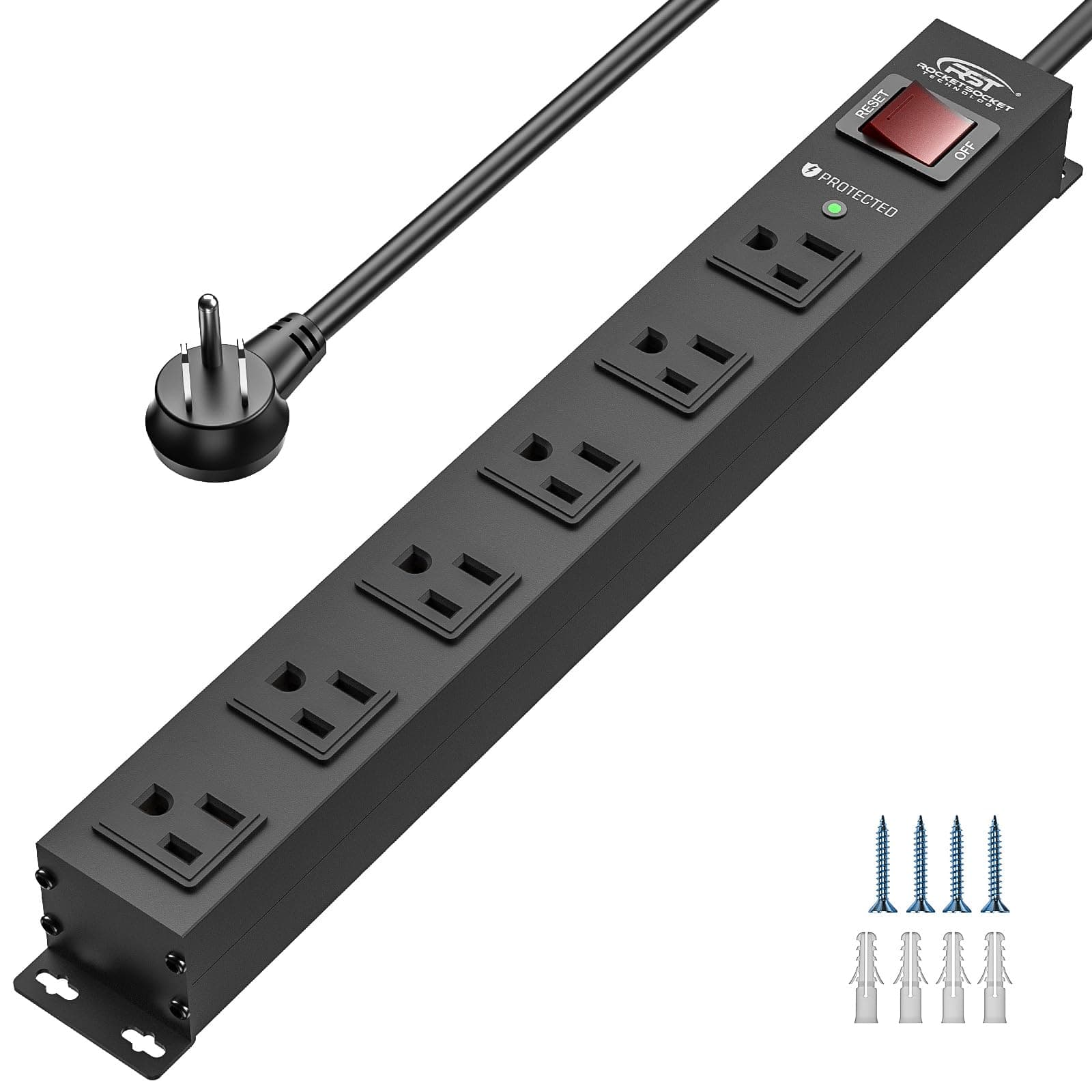6 Outlet Heavy Duty Power Strip with Switch, 15A/1875W Metal Mountable Power Strip Surge Protector 2100Joules, Wide Spaced Power Bar for Garage Worshop Home School, 6 FT Cord