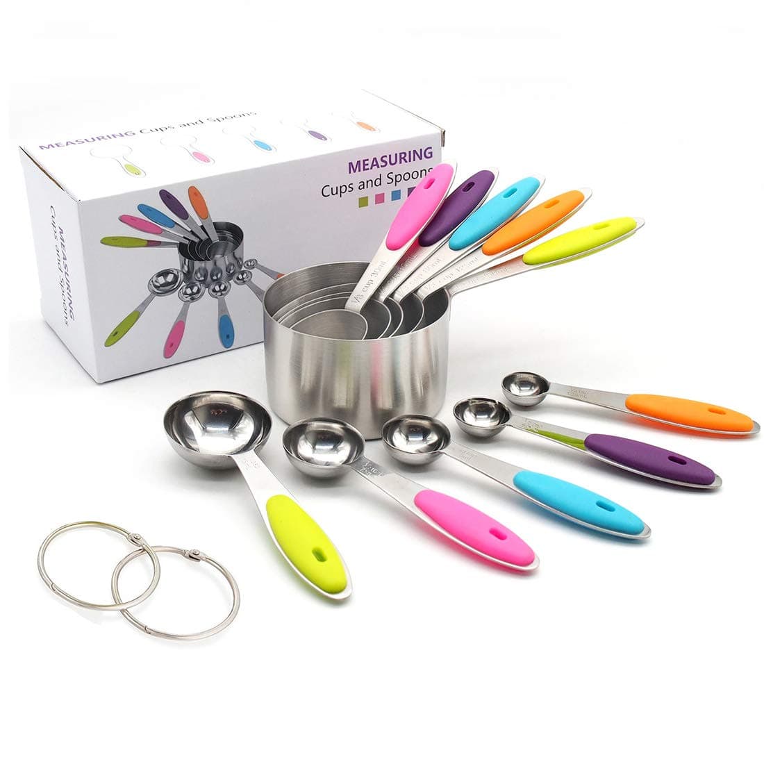 Measuring Cups and Spoons (Set of 10), Stainless Steel Baking Cooking Spoon with Silicone Handle Kitchen Measure Tools for Dry & Liquid Ingredients