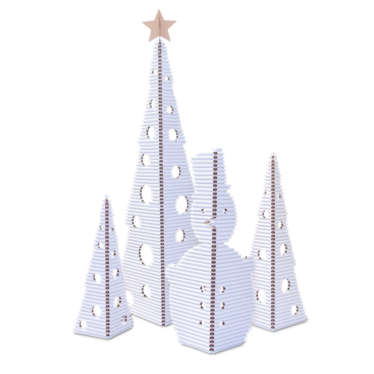 cArtù Christmas Set: 3 self-standing trees and a snowman made out of cArtù, a new kind of cardboard. Large tree: 1.6m tall, medium: 95.5cm tall, small: 74.5cm tall, snowman: 92cm tall Color: white