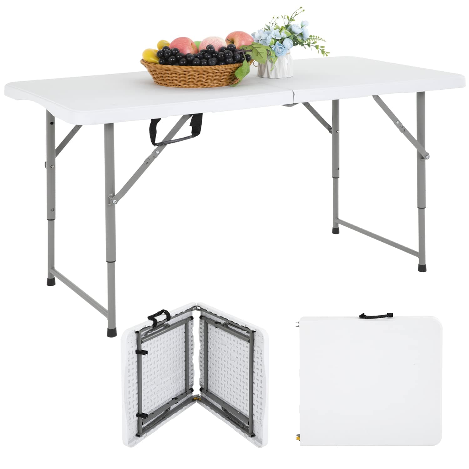 PayLessHere Folding Camping Table Plastic Picnic Table Office Table for Parties Wedding Camping Office with Carrying Handle (White, 4 FT)