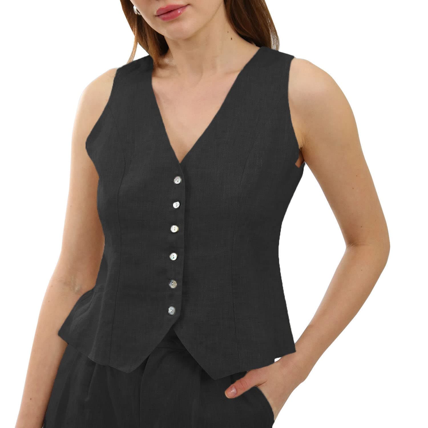 Amazhiyu Womens Pure Linen Sleeveless Button Down Crop Top V Neck Waistcoat Vest