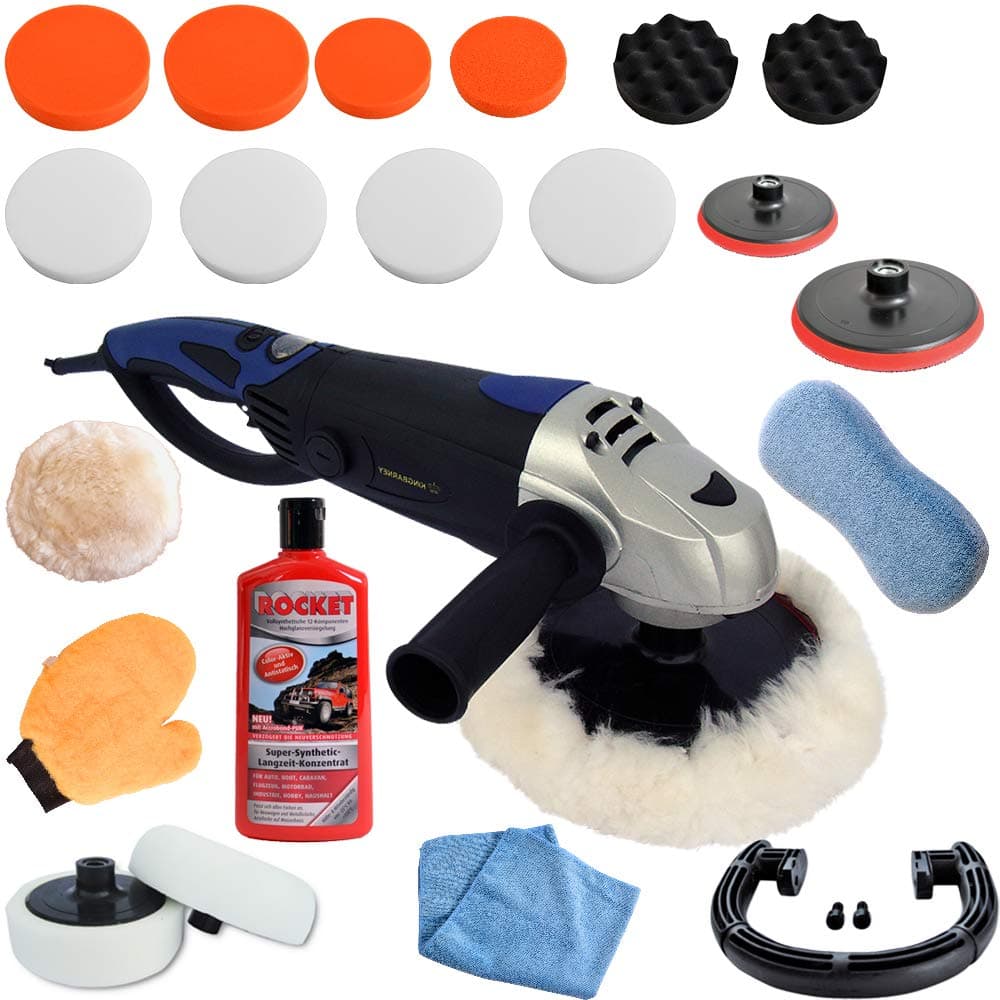 King Barney XXL Professional Set – Polishing Machine 1600 Watt – Digital Display – With Case, Polishing Sponge Accessory Set – 27 Pieces – Car Polishing