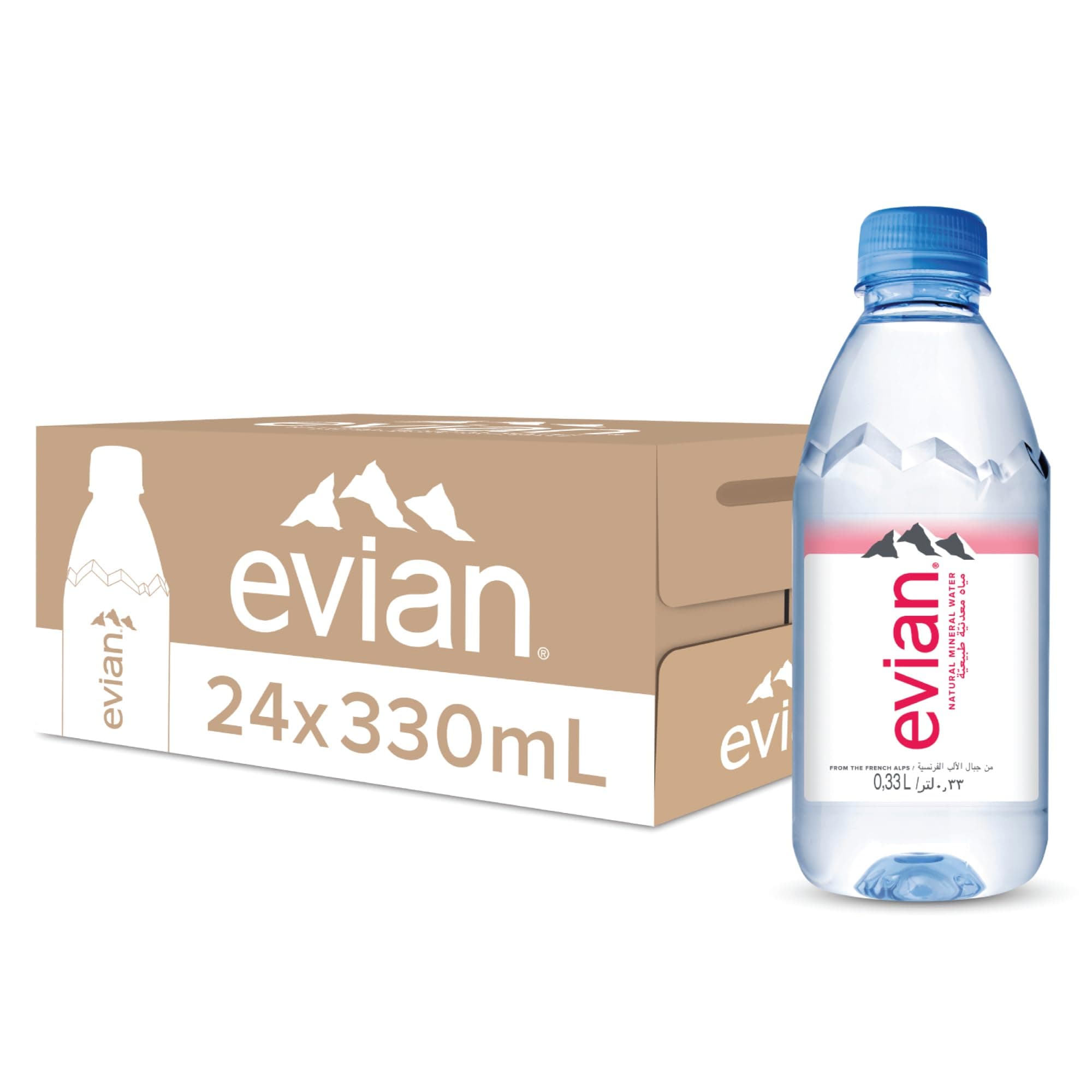 Evian Mineral Water, Naturally Filtered Drinking Water, 330ml Bottled Water Crafted by Nature, Case of 24 x 330ml Evian Water Bottles