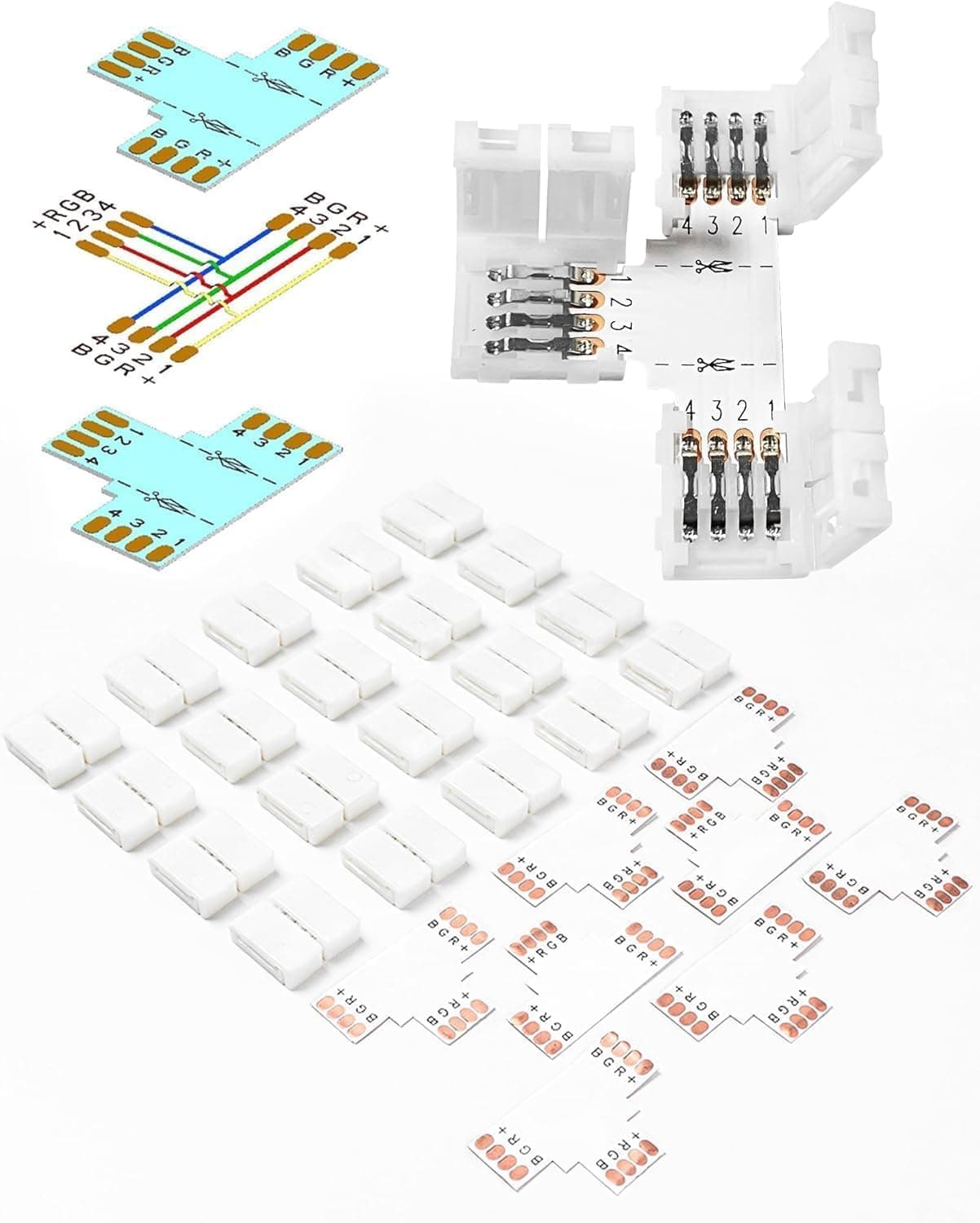 20Pcs 4-Pin Led Light Strip Connectors Set with 8 Pcs Double-Sided Cuttable T-Shape Connectors for Solderless Connecting of LED Lights Strip (20Pcs Clips Plus 8Pcs PCB)