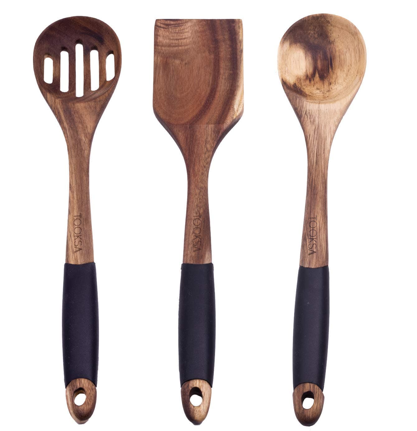 TOOKSA- 3 Piece Kitchen Wooden Utensil Set of Premium Acacia Wood Spoon, Slotted Spoon, and Turner Spatula