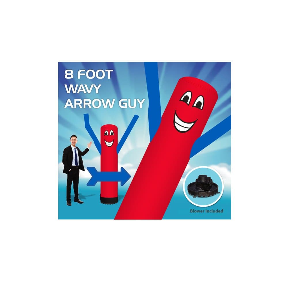 8 Foot Arrow Wavy Guy - Inflatable Dancer Tube Man – Red Body with Blue Arms-18 inch 250 Watt Fan Included.