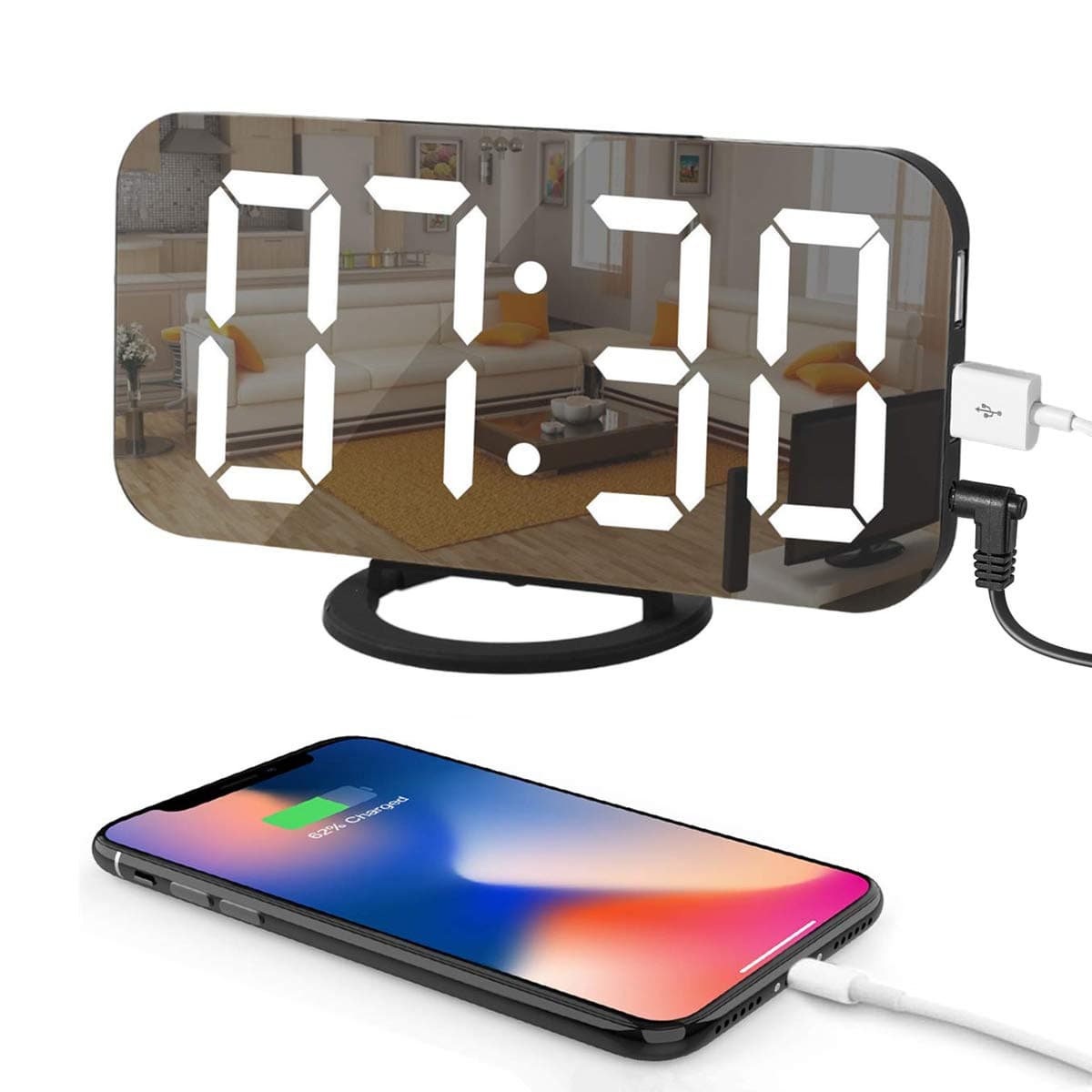 LED Digital Alarm Clock with Large 6.5" Easy-Read Display, Easy Snooze Function, Diming Mode, Mirror Surface, Dual USB Charging Ports for Bedroom, Living Room, Office, Travel