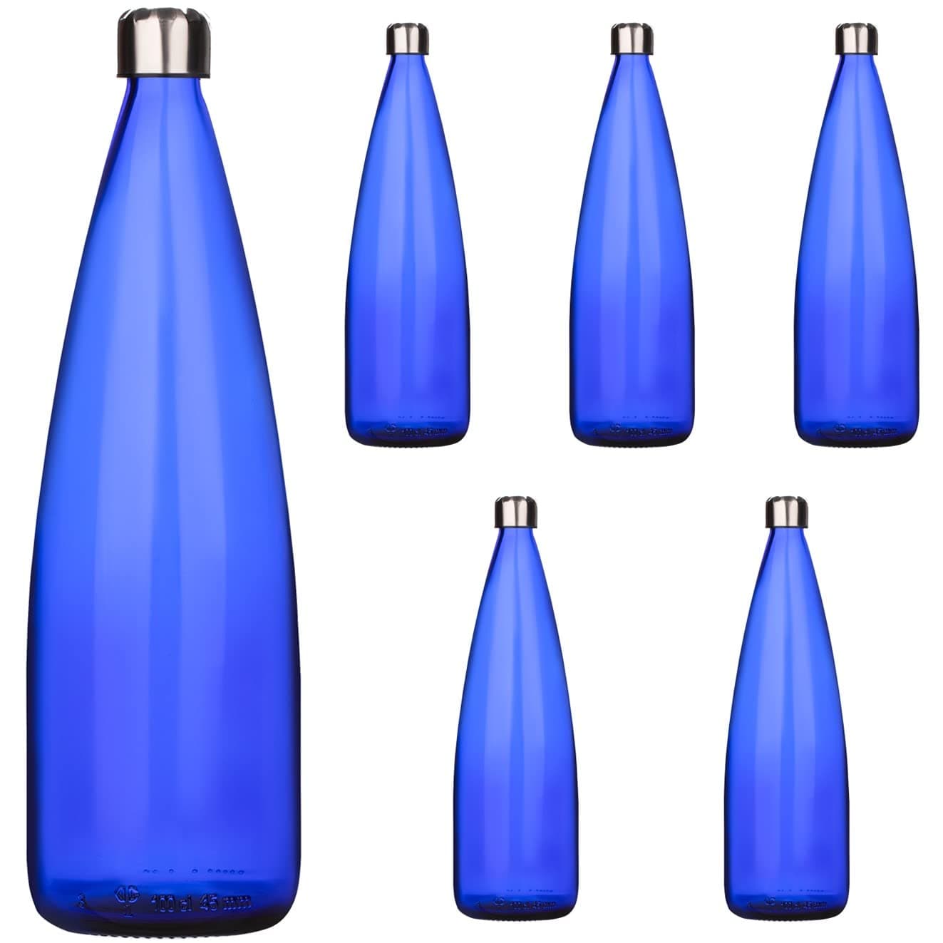 SAND DUNE Set of 6, 1000 ml Each Blue Glass water bottle, with Leak-Proof Airtight Stainless-Steel Lid for Water, Smoothie, Juices - Reusable Travel Glass Drinking Fridge Bottles