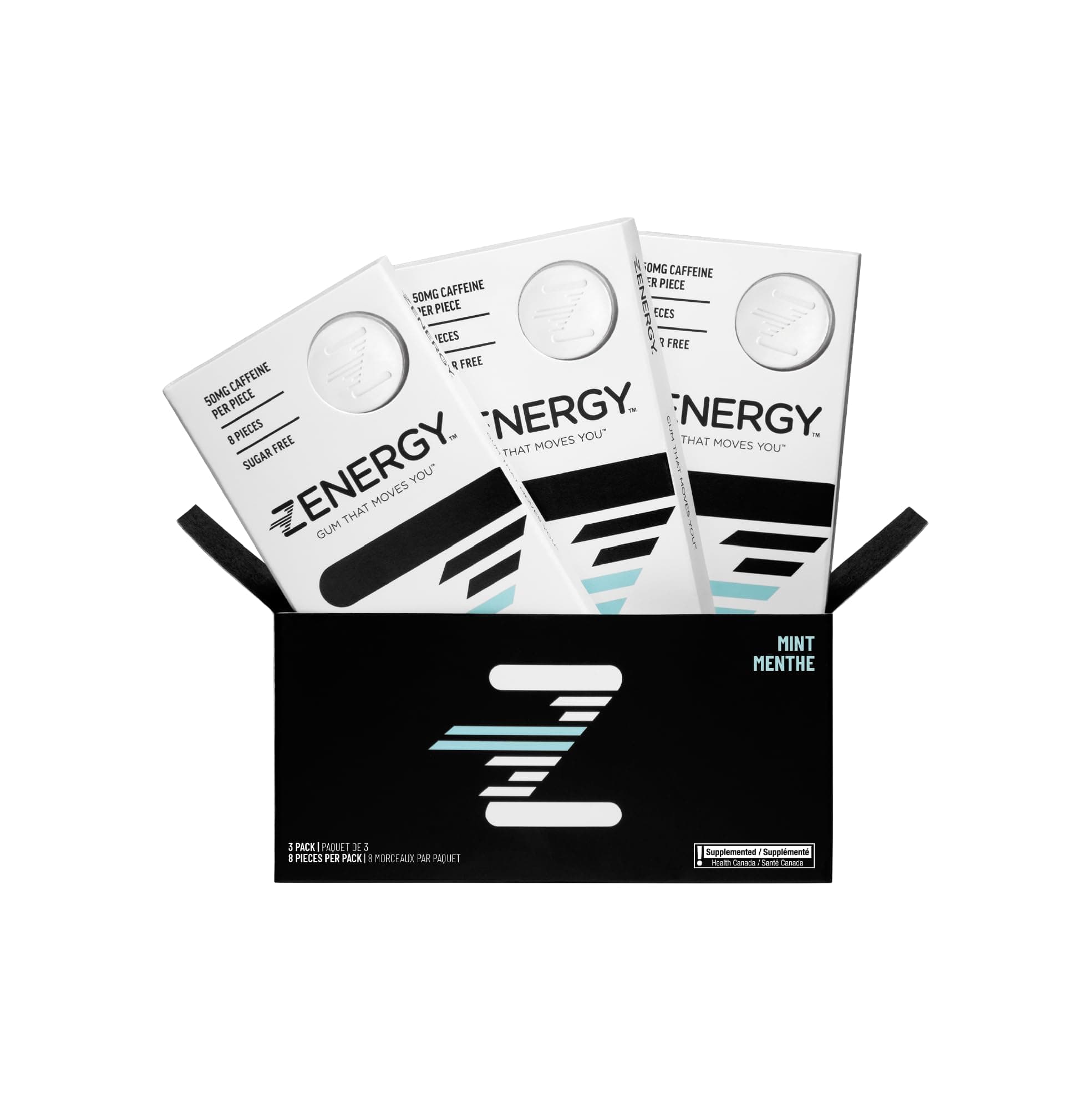 Energy Gum - Mint Flavour | 50mg Caffeine + 35% B6 & 45% B12 Vitamin | Vegan, 0 Sugar, 0 Calories, 0 Gluten, 0 Aspartame, GMO Free, Instant Effect, 3 Pack = 24 Count