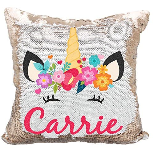 Personalized Mermaid Reversible Sequin Pillow, Custom Unicorn Hearts Sequin Pillow (White/Rose-Gold)