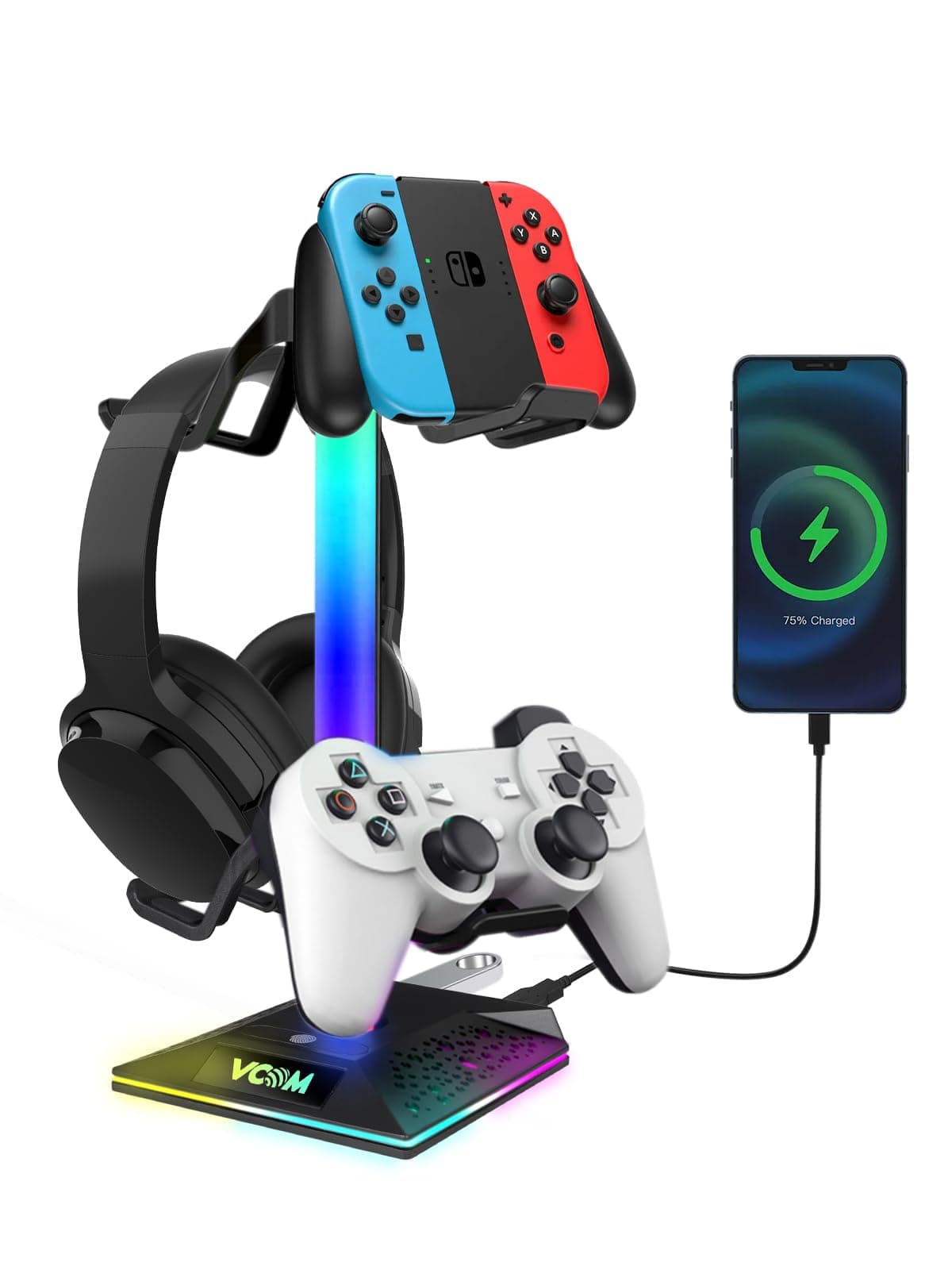 V VCOMRGB Gaming Headphones Stand with 2 USB Ports Headset Stand with 10 Light Modes and Non-Slip Rubber, Suitable for All Earphone Accessories, Best Gift for Husband, Kids, Boyfriend