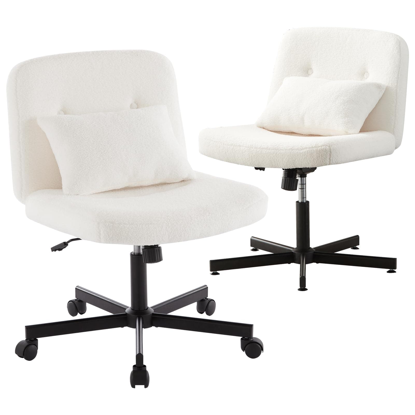 YFO Boucle Criss Cross Armless Home Office Chair with Replaceable Wheels/Fixed Base and Back Support for Living Room, Wide Seat Swivel Chair, White