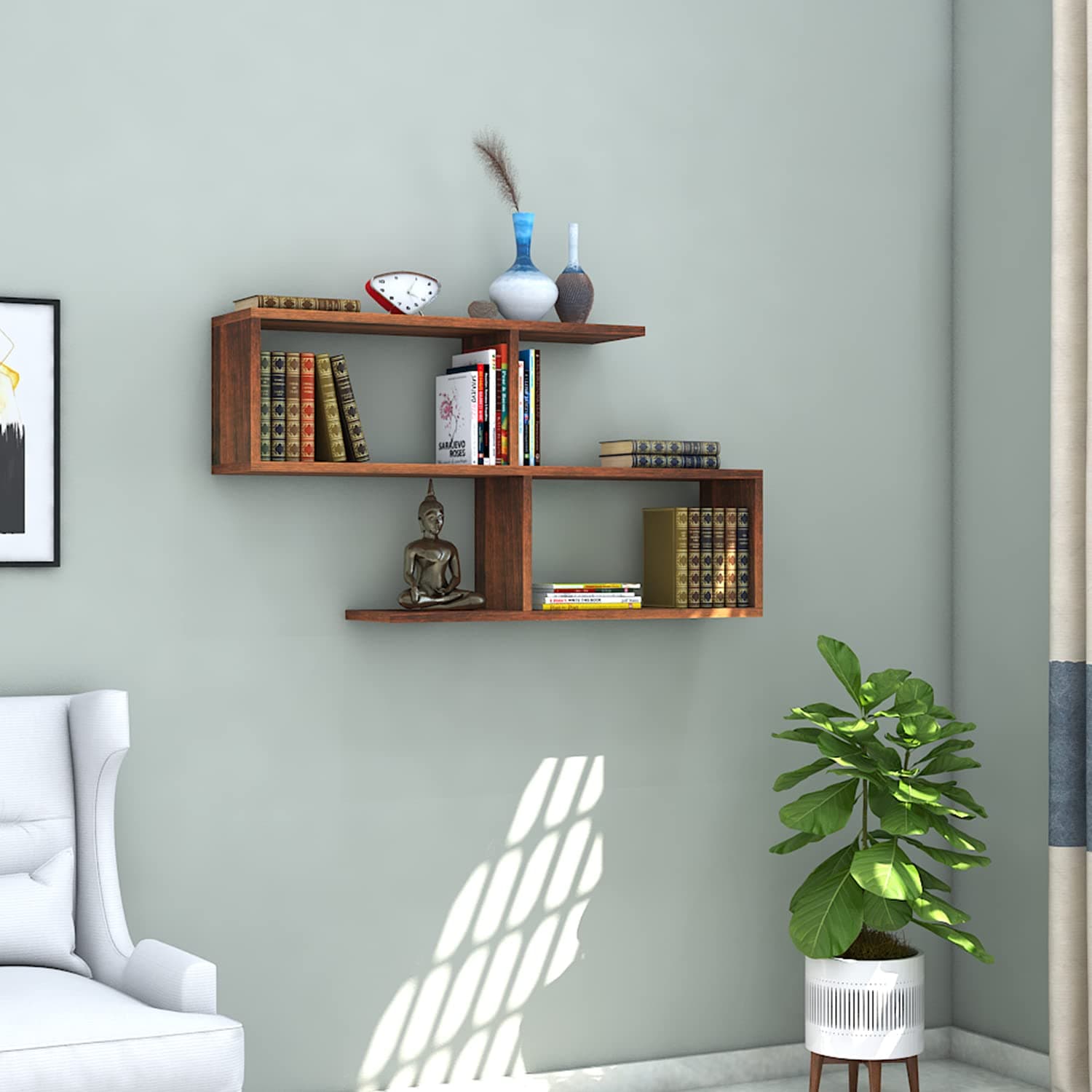 Klaxon Engineered Wood Matt Finish S Shaped Book Shelf, Modern Display Unit for Home Library, Floating Wall Shelf for Living Room, Bedroom, Office, Home Decore DIY Storage Organizer (Walnut)