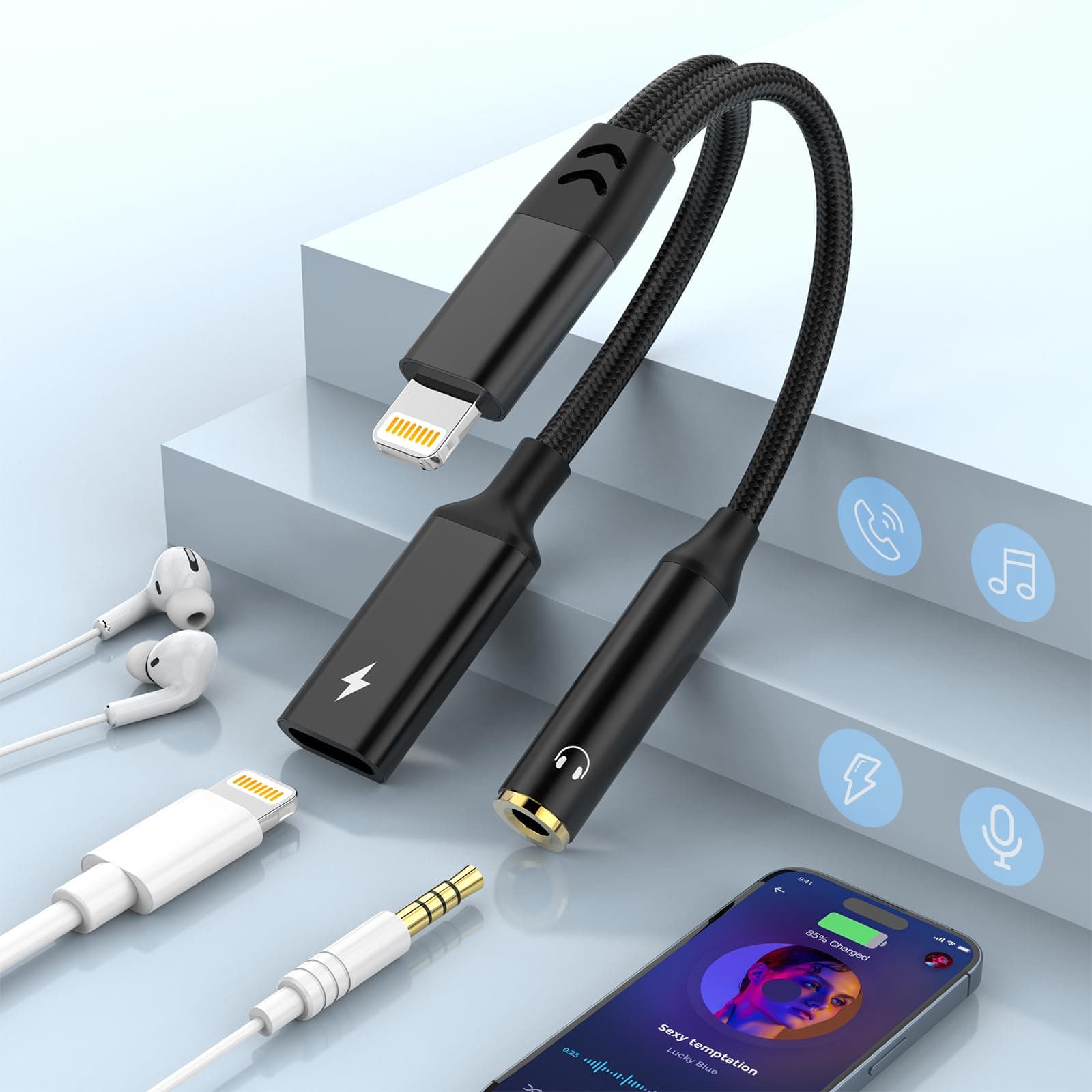 MTAKYI 【Apple MFi Certified 2-in-1 Lightning to 3.5mm Jack Headphone and Charger Cable Adapter,Earphones Converter Splitter Support Music+Charge+HiFi+Mic+Control for iPhone 14 Pro Max/14 13 12 11