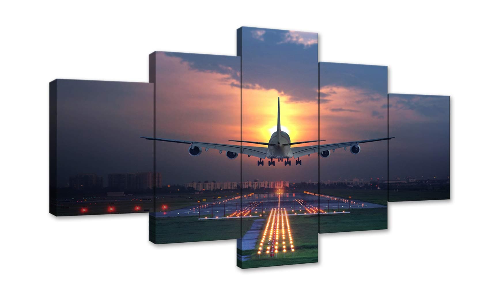AMEMNY HD Printed 5 Pieces Canvas Art Painting Sunset Airplane Lawn Airport Poster Wall Pictures Home Decoration Framed Ready to Hang