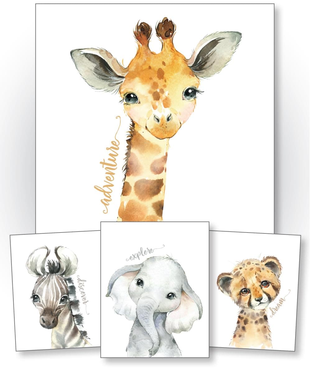 Confetti Fox Safari Animals Nursery Pictures Wall Decor - 8x10 Unframed Set of 4 Art Prints - Leopard Elephant Zebra Giraffe - Baby Boy Girl Zoo Jungle Watercolor Artwork