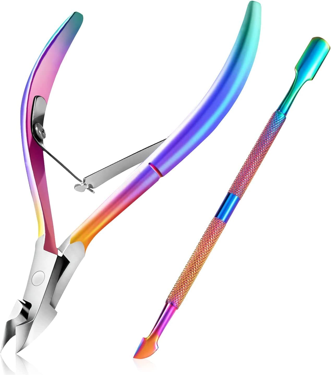 Cuticle Nipper with Cuticle Pusher, Easkep Cuticle Remover Kit Cuticle Cutter Professional Stainless Steel Double Ended Cuticle Srimmer Pedicure Manicure Tools for Fingernails and Toenails (Rainbow)