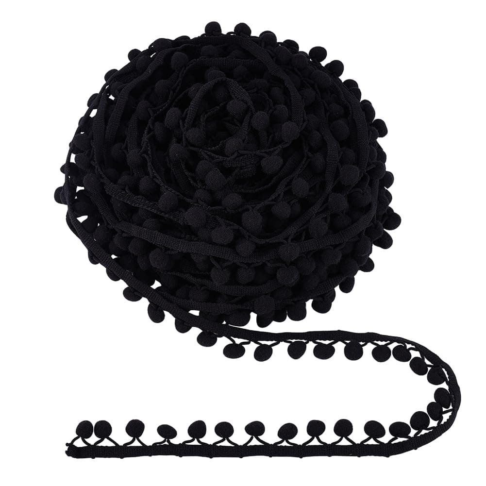 PH PandaHall 20 Yards 7mm Cotton Pom Poms Balls Fringe Trim, Round Pompoms Ball Triangle Tassel Trim Black Ribbon Fringe Lace for DIY Craft Sewing Home Clothes Pillow Halloween Costumes, Ball 13mm