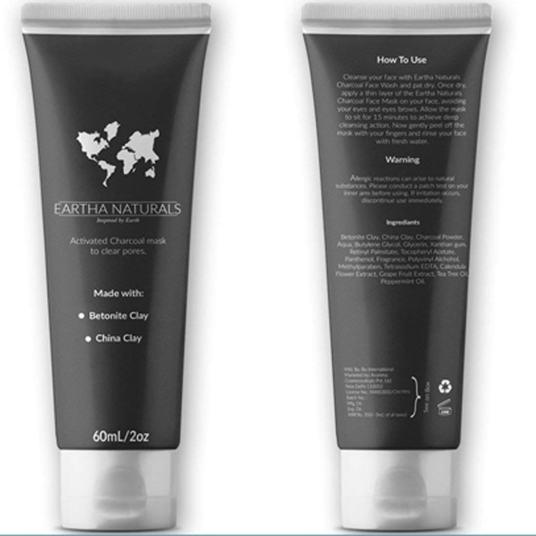 Eartha Naturals Activated Charcoal Peel Off Face Mask 100 mL For Blackheads, Invisible Pores, Deep Cleansing & Skin Detox | Made with Bentonite Clay and China Clay | For Men & Women