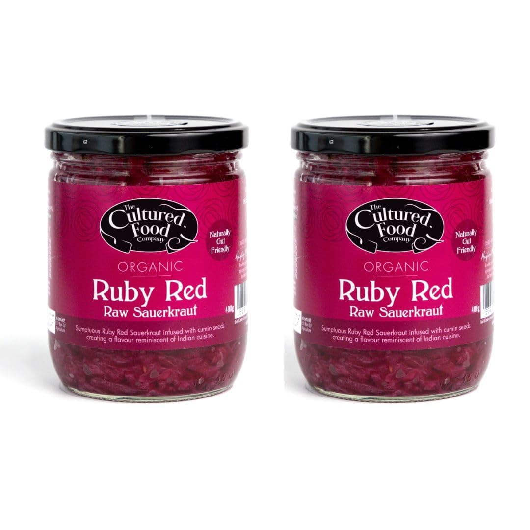 Organic Ruby Red Sauerkraut 400g Jar x 2-100% Natural Ingredients- Raw & Unpasteurised - Probiotic Rich - Traditionally Fermented Red Cabbage- Handmade - No Preservatives