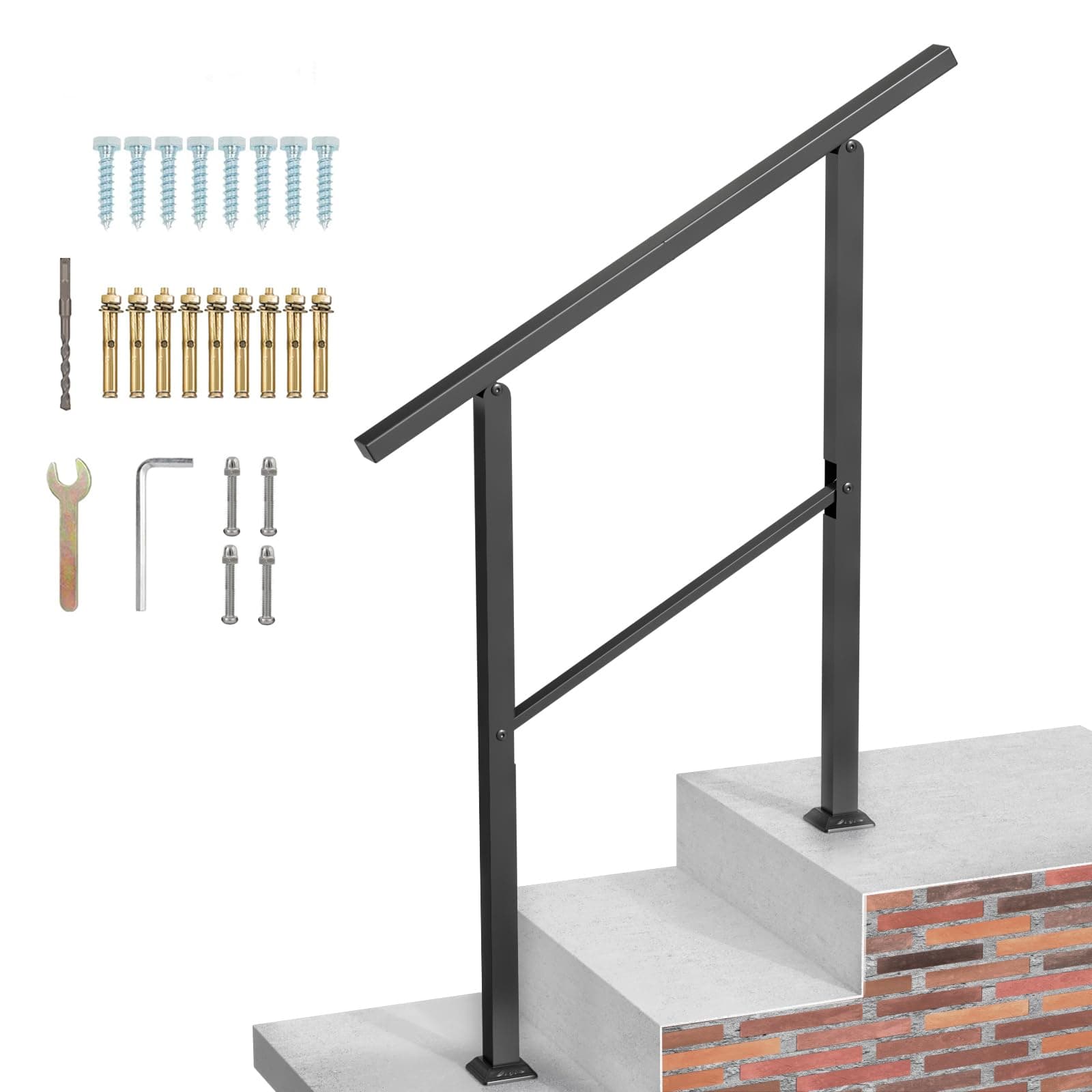 3-Step Handrails for Outdoor Steps,Outdoor Stair Handrail Fits 1 to 3 Steps,Black Wrought Iron Hand Rail Stair Railing Kit for Concrete Steps,Porch Steps