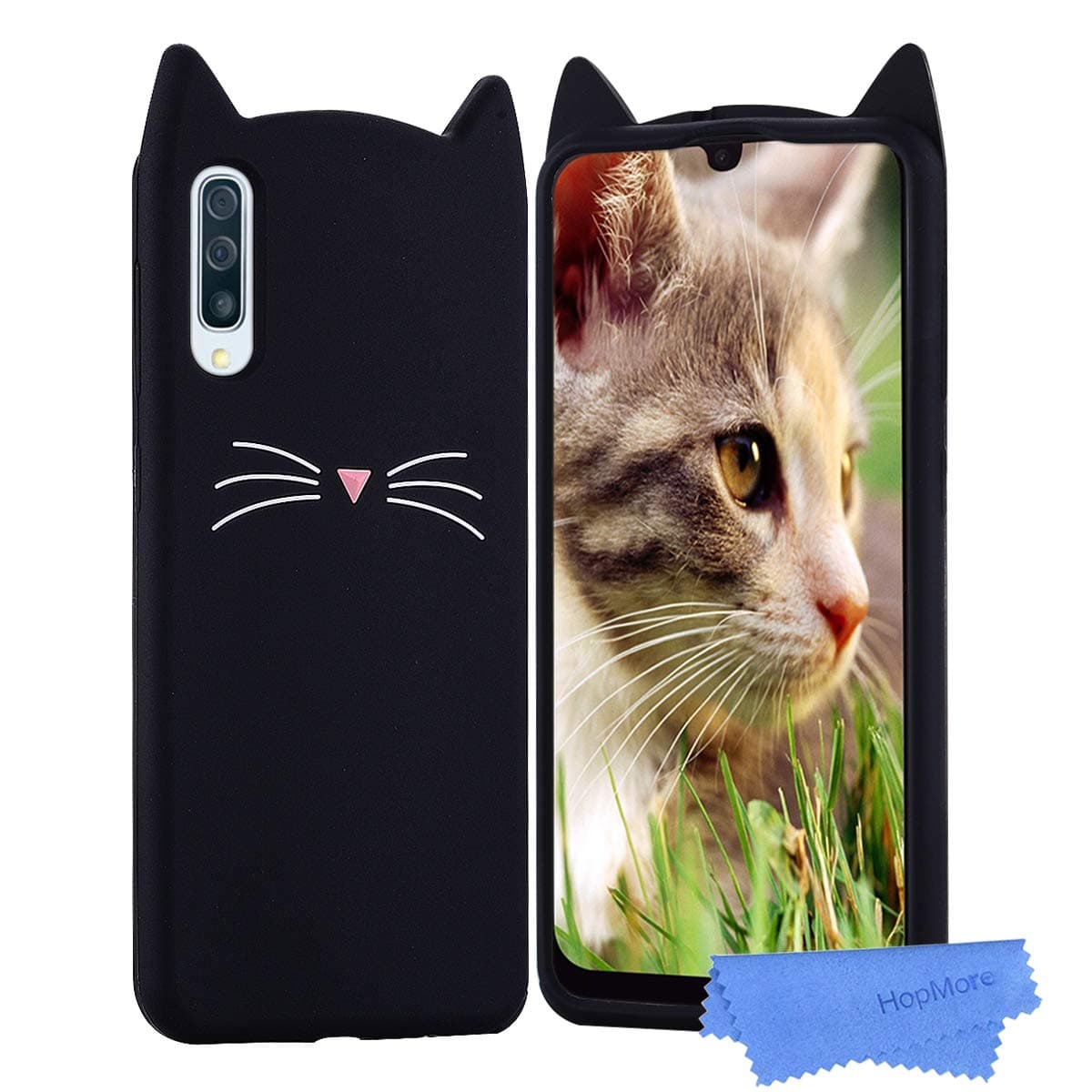 HopMore Comaptible with Case Samsung Galaxy A70 2019 Cute Cover 3D Cat Kitten Soft Silicone Samsung A70 Protective Cover Gel Shockproof Slim Rubber Funny Design for Girls Woman Kids - Black Kitty