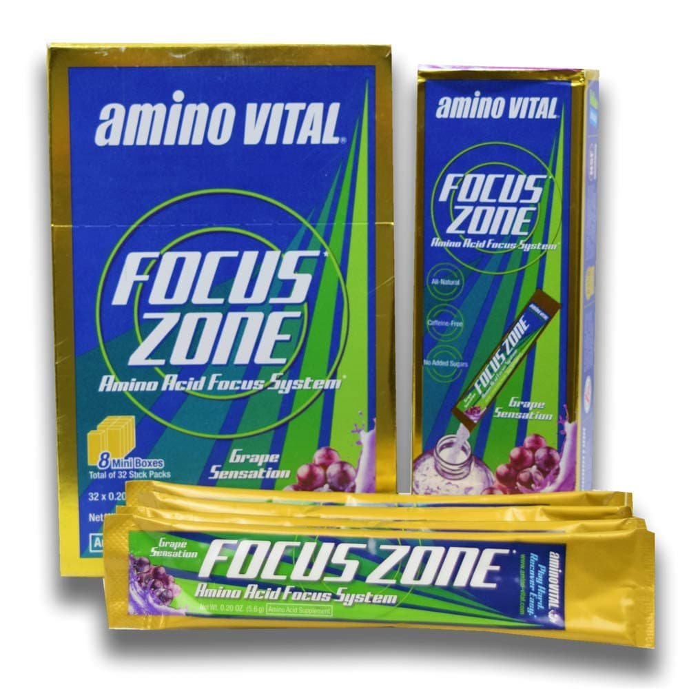 Amino Vital Focus Zone - Amino Acids (BCAAs, Glutamine, Arginine) + Electrolyte Powder Drink Mix, Grape Sensation, 32 x 5.6g Single-Serve Stick Packs, 6.3oz Box