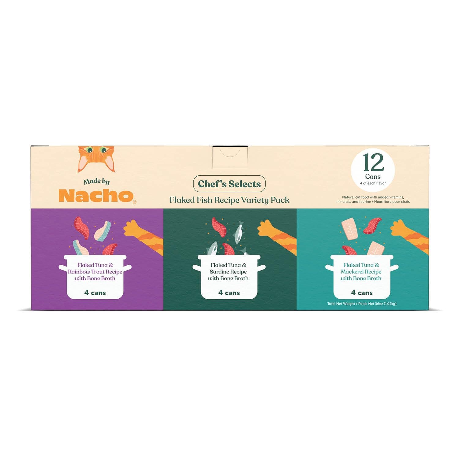 - Made by Nacho Flaked Filets Recipe in Bone Broth, Grain-Free Chef's Selects Wet Food for Cats Balanced Diet in Naturally Hydrating Pumpkin-Infused Broth (3.0 oz (Pack of 12), Flaked Fish Variety Pack)