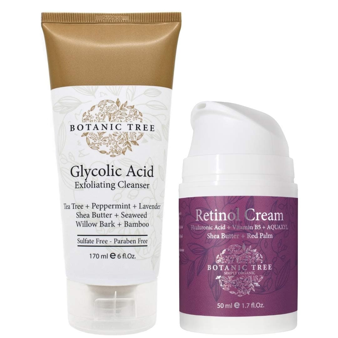 Kit Botanic Tree Glycolic Acid Face Wash Cleanser Exfoliator And Retinol Cream Moisturizer (Pack of 2)-AHA For Wrinkles and Lines Reduction-Acne Face Wash For a Deep Clean